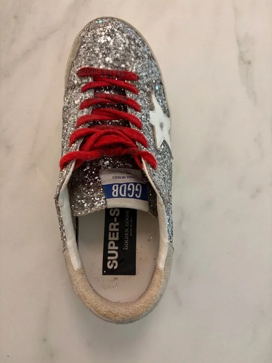 Golden Goose Super-Star Glitter Sneakers Red Laces Size 38 Distressed Star - Picture 5 of 6